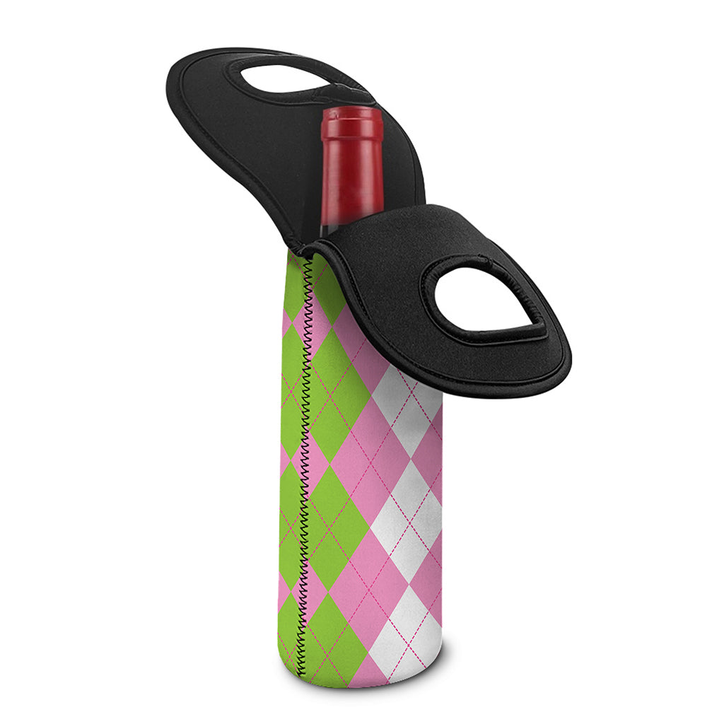 Green Pink And White Argyle Print Single Neoprene Wine Tote