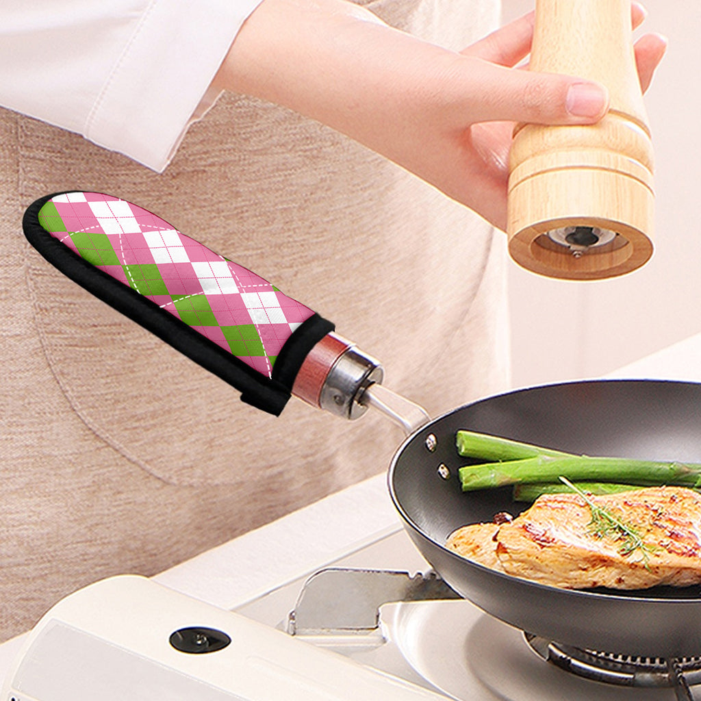 Green Pink And White Argyle Print Skillet Handle Cover