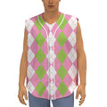 Green Pink And White Argyle Print Sleeveless Baseball Jersey