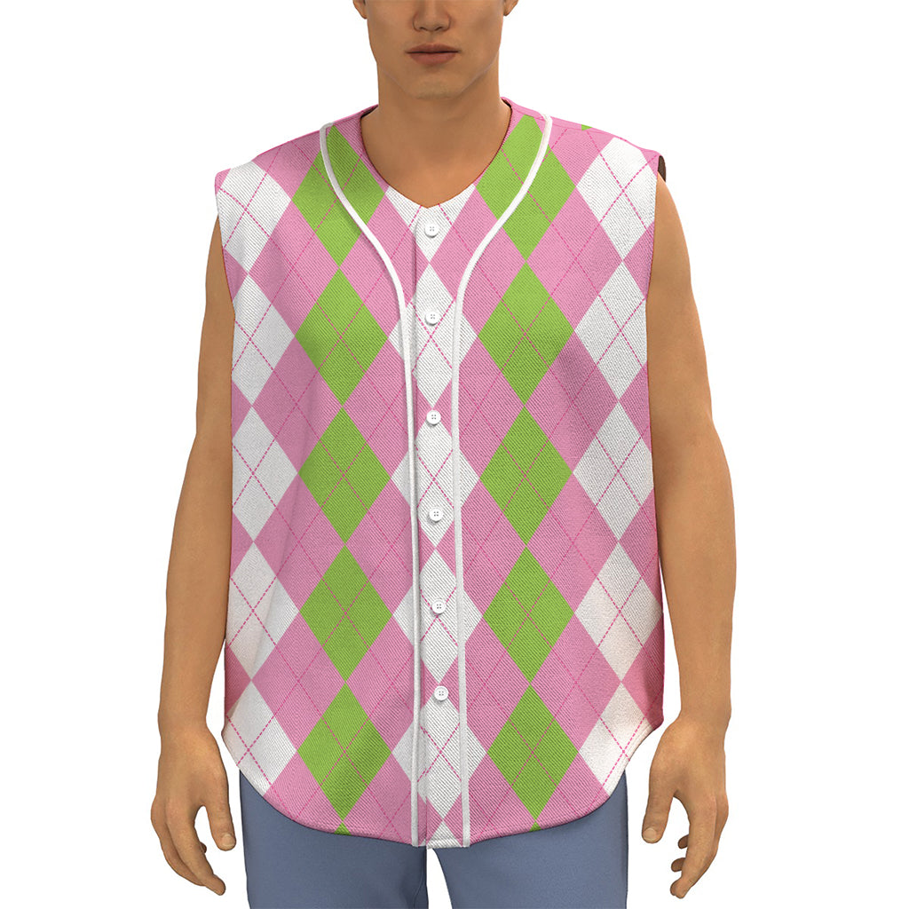 Green Pink And White Argyle Print Sleeveless Baseball Jersey