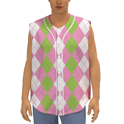 Green Pink And White Argyle Print Sleeveless Baseball Jersey