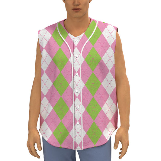 Green Pink And White Argyle Print Sleeveless Baseball Jersey