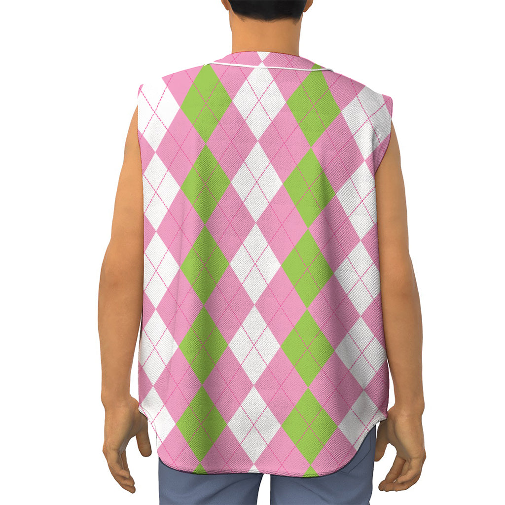 Green Pink And White Argyle Print Sleeveless Baseball Jersey