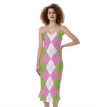 Green Pink And White Argyle Print Slim Fit Midi Cami Dress
