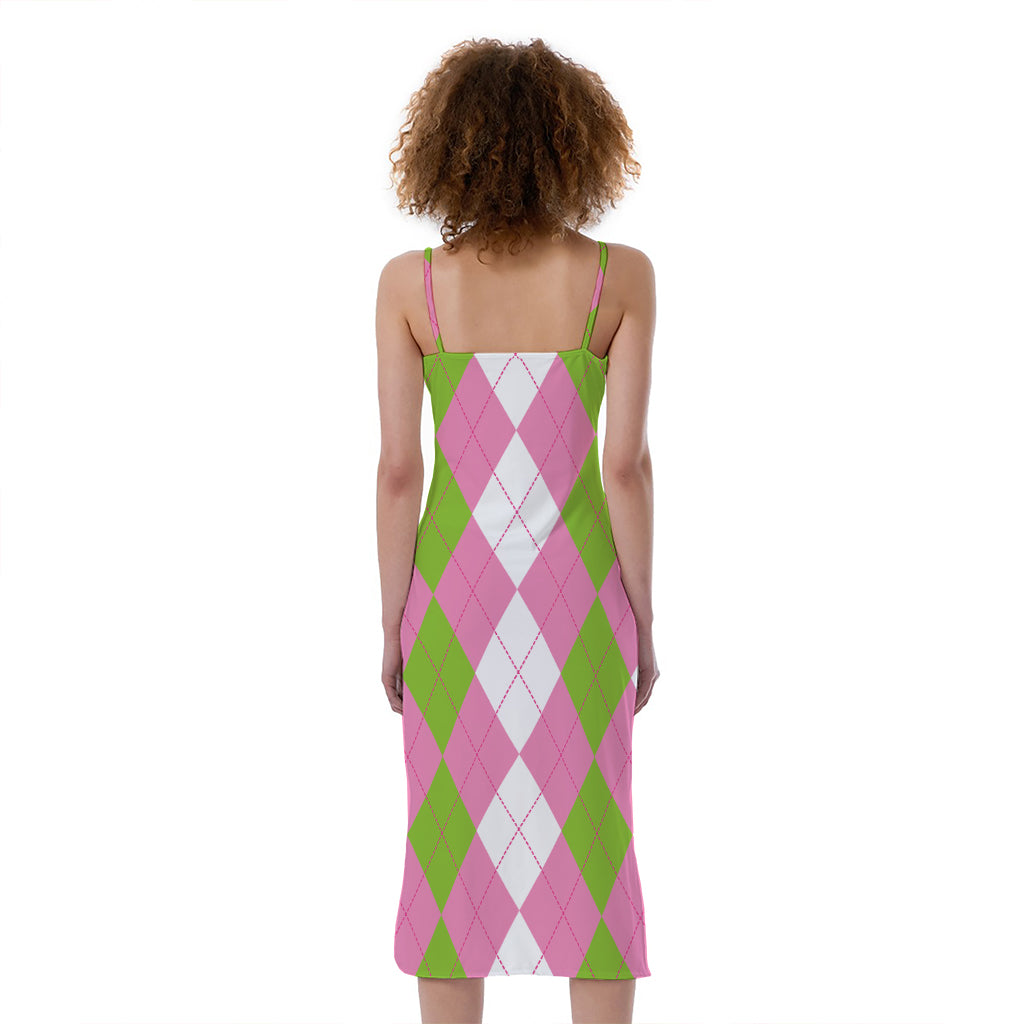 Green Pink And White Argyle Print Slim Fit Midi Cami Dress