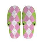 Green Pink And White Argyle Print Slippers