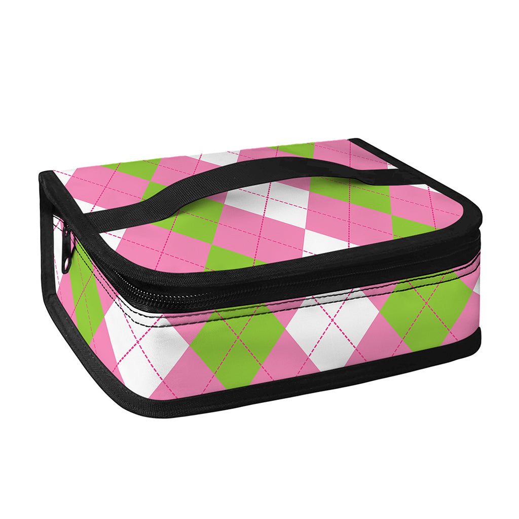 Green Pink And White Argyle Print Small Lunch Bag