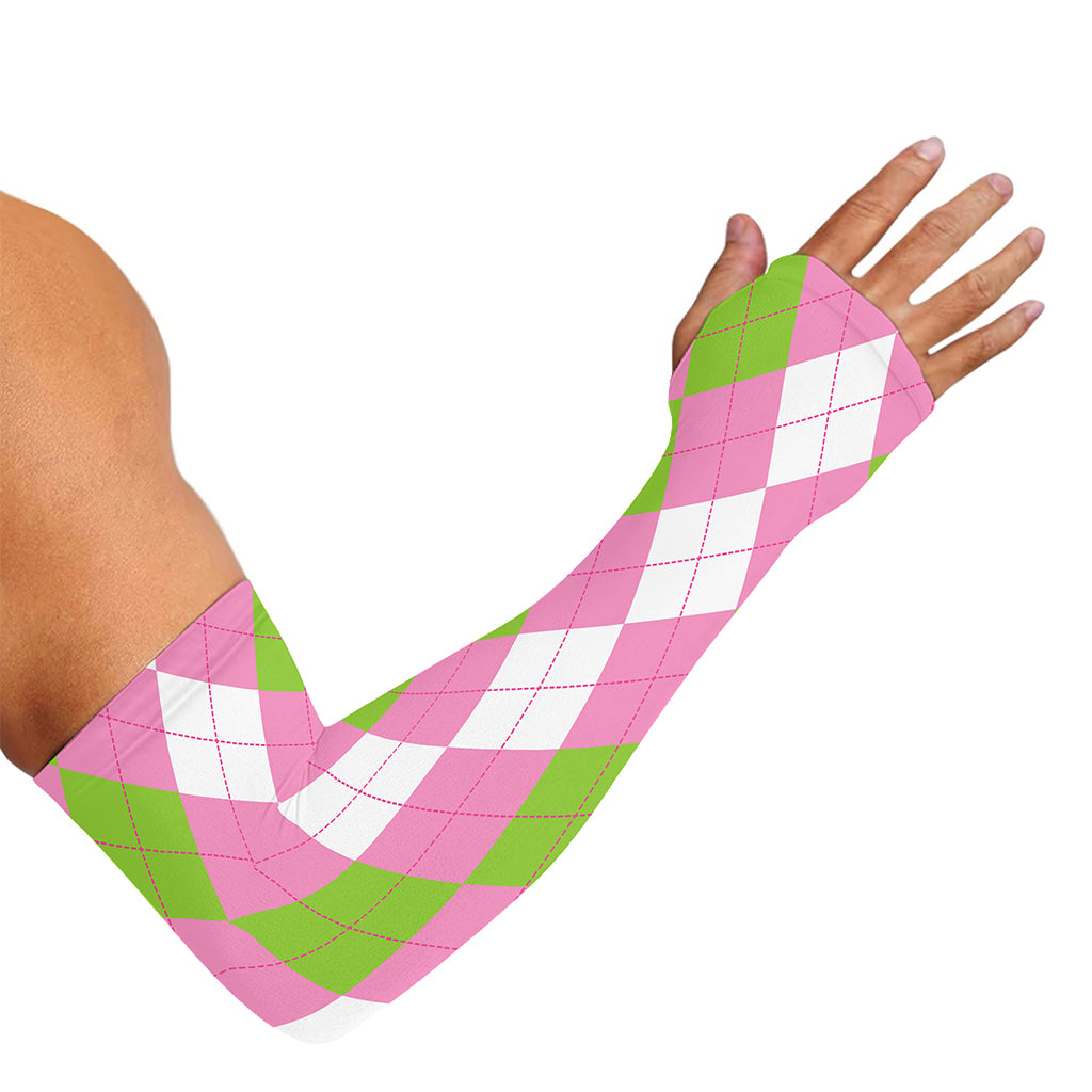 Green Pink And White Argyle Print Sun Protection Arm Sleeves