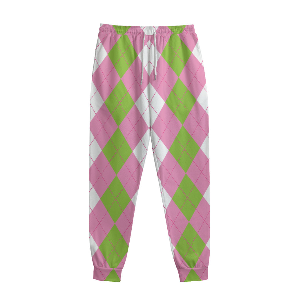 Green Pink And White Argyle Print Sweatpants