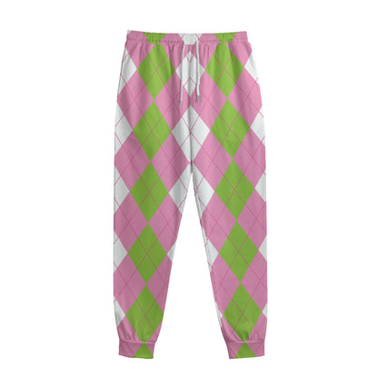 Green Pink And White Argyle Print Sweatpants