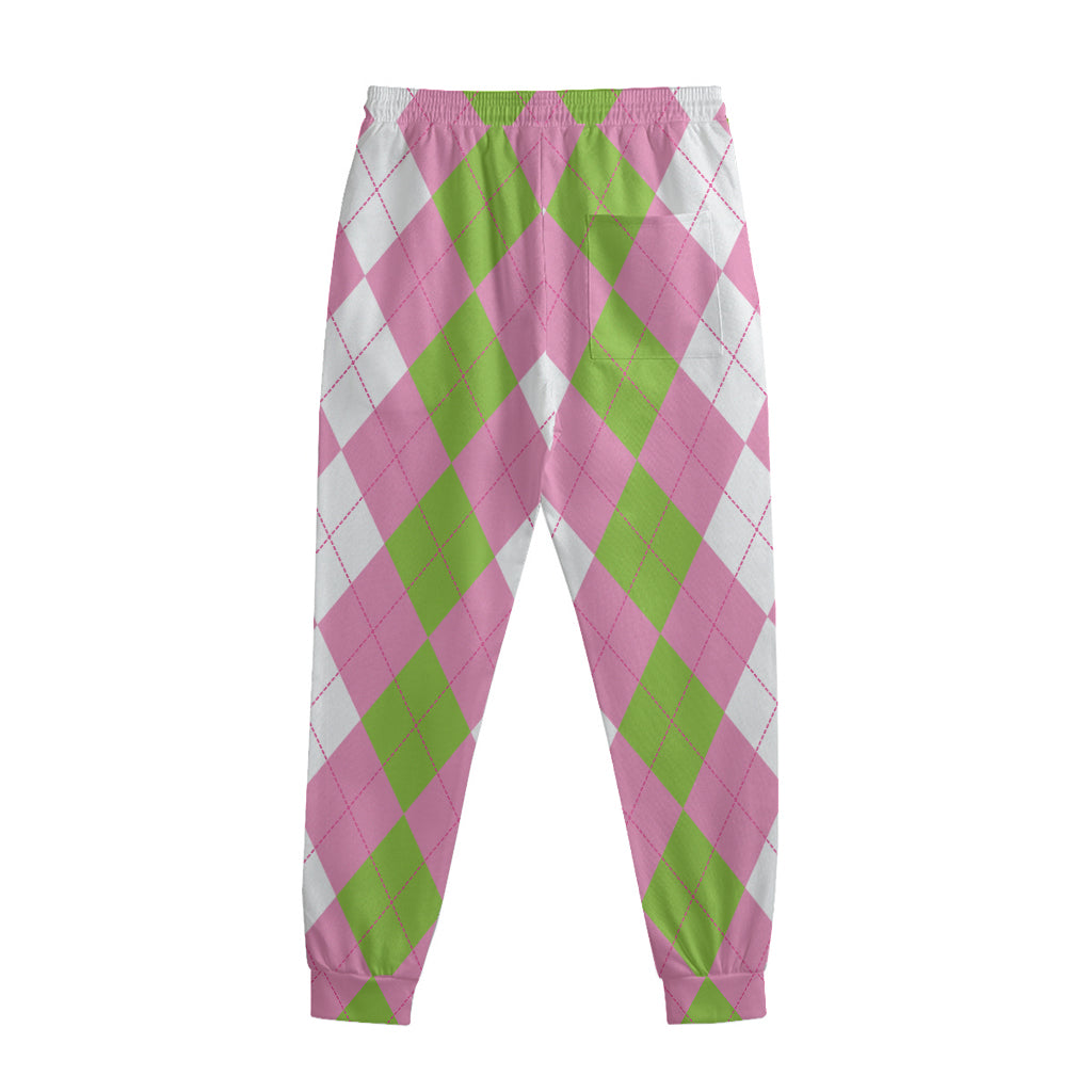 Green Pink And White Argyle Print Sweatpants