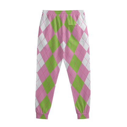 Green Pink And White Argyle Print Sweatpants
