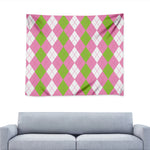 Green Pink And White Argyle Print Tapestry