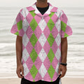 Green Pink And White Argyle Print Textured Short Sleeve Shirt