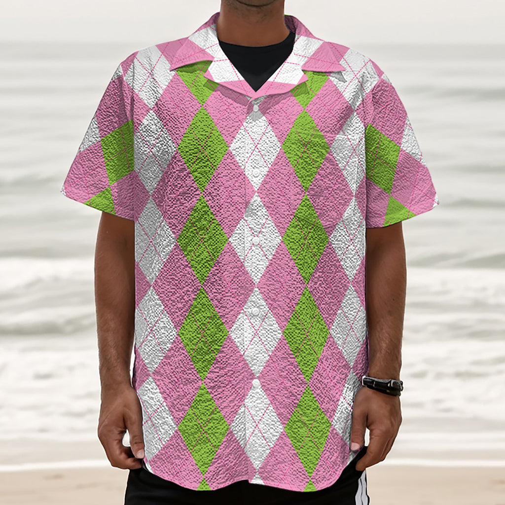 Green Pink And White Argyle Print Textured Short Sleeve Shirt