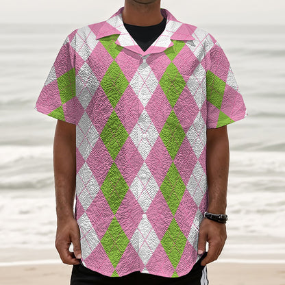 Green Pink And White Argyle Print Textured Short Sleeve Shirt
