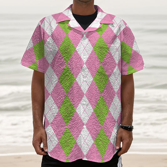 Green Pink And White Argyle Print Textured Short Sleeve Shirt