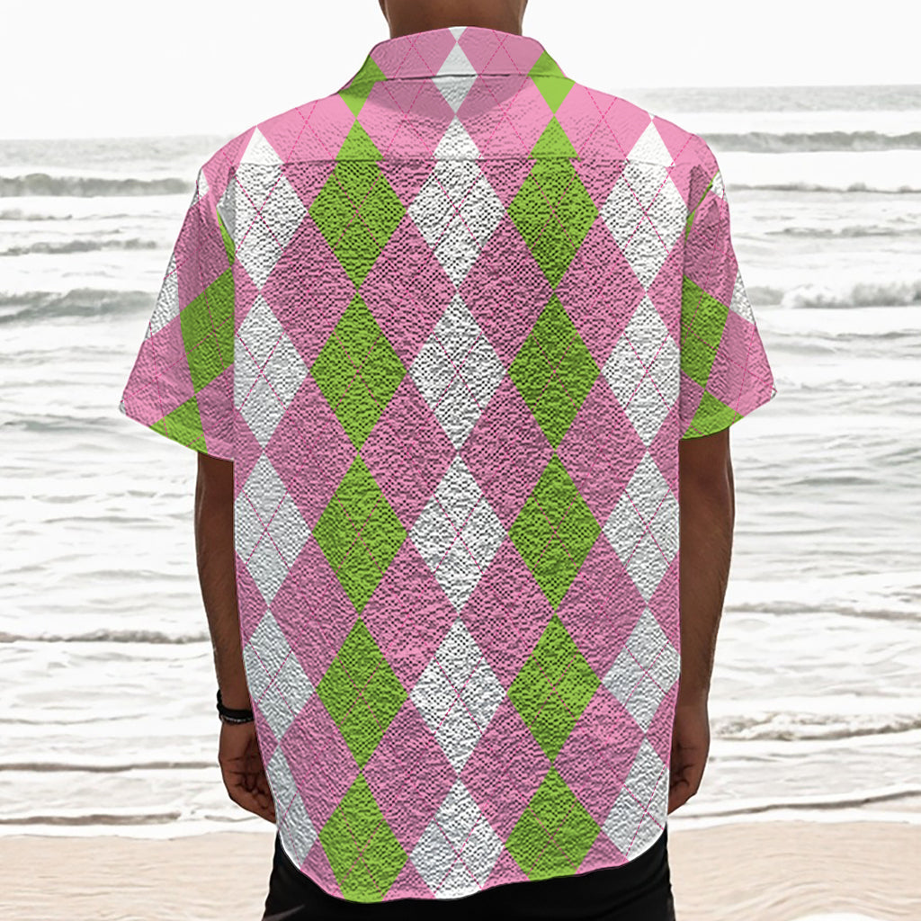 Green Pink And White Argyle Print Textured Short Sleeve Shirt