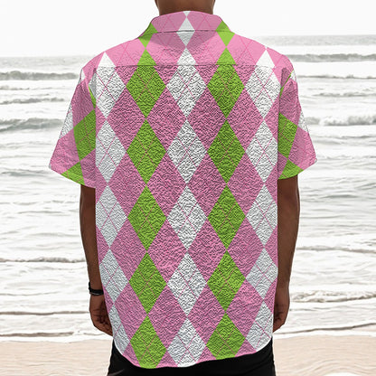 Green Pink And White Argyle Print Textured Short Sleeve Shirt