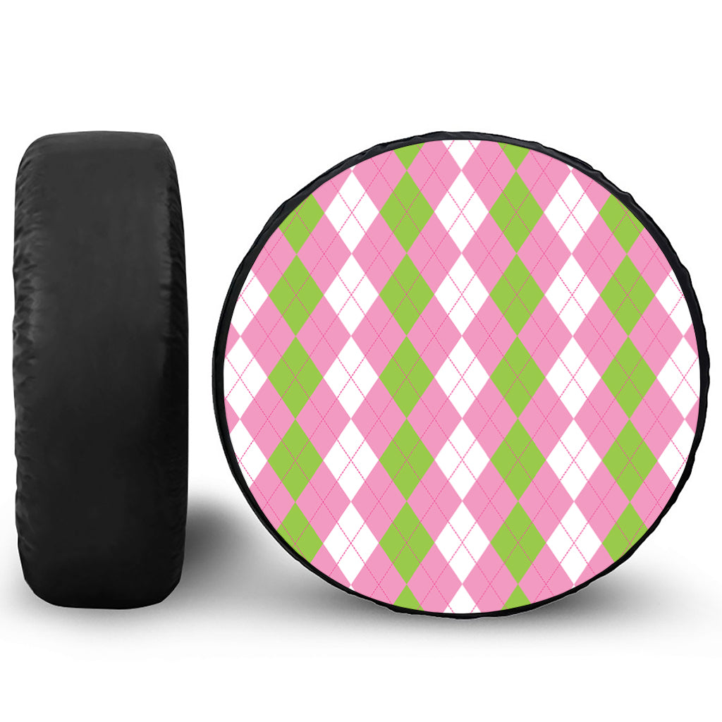 Green Pink And White Argyle Print Tire Cover