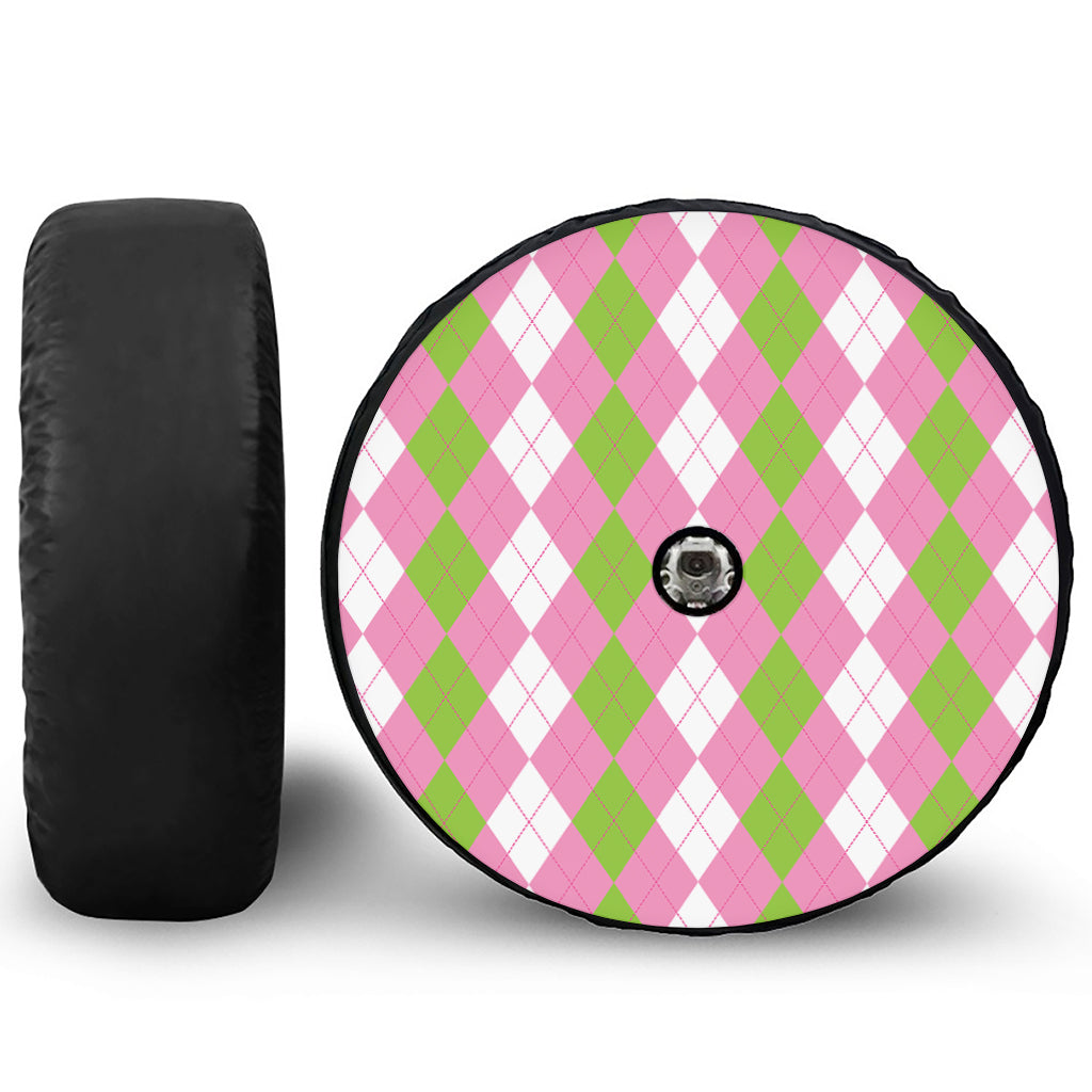 Green Pink And White Argyle Print Tire Cover With Camera Hole