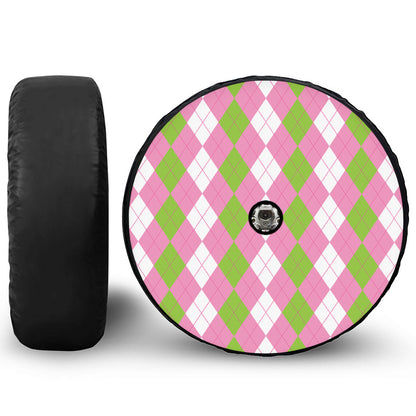 Green Pink And White Argyle Print Tire Cover With Camera Hole