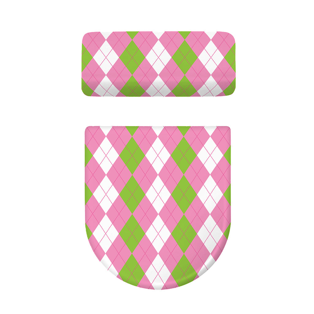 Green Pink And White Argyle Print Toilet Lid And Tank Cover Set