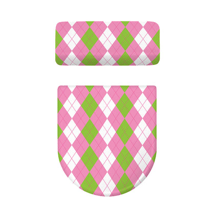 Green Pink And White Argyle Print Toilet Lid And Tank Cover Set