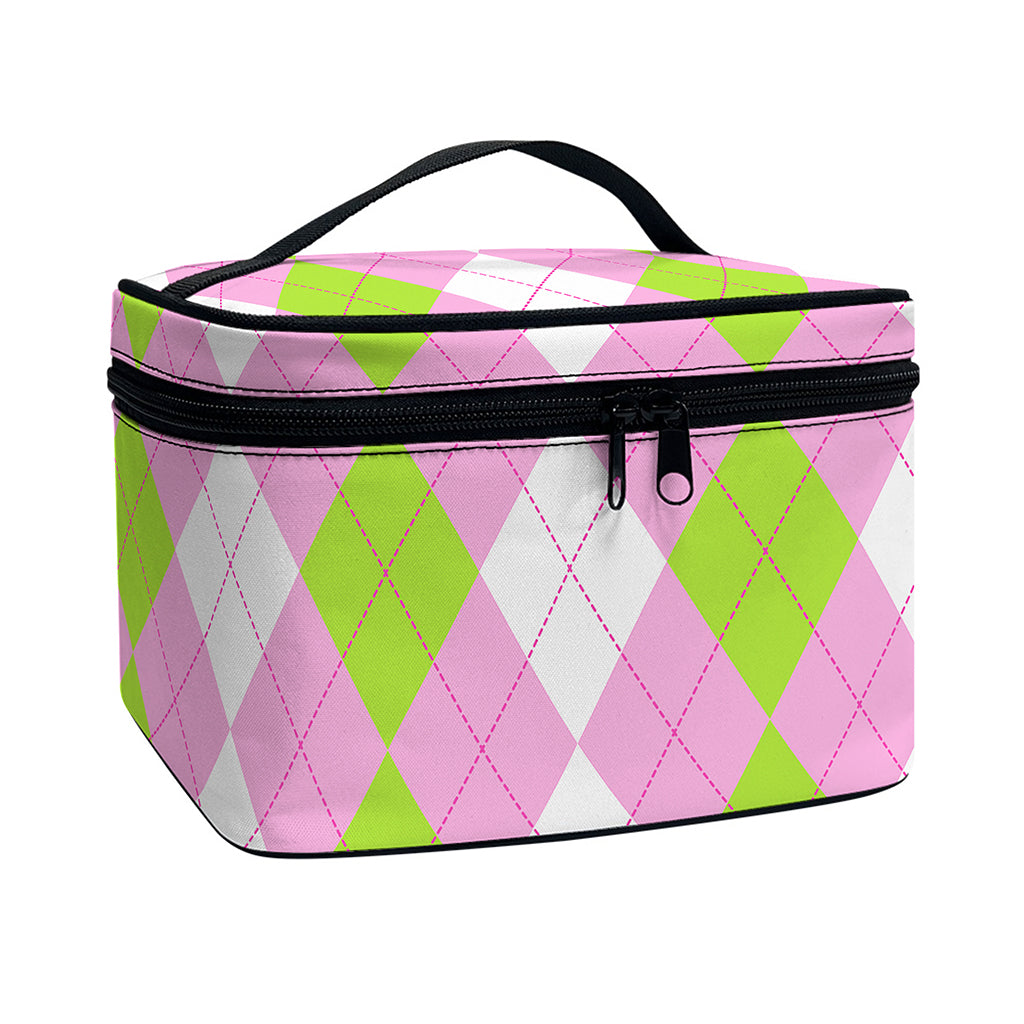 Green Pink And White Argyle Print Travel Makeup Bag