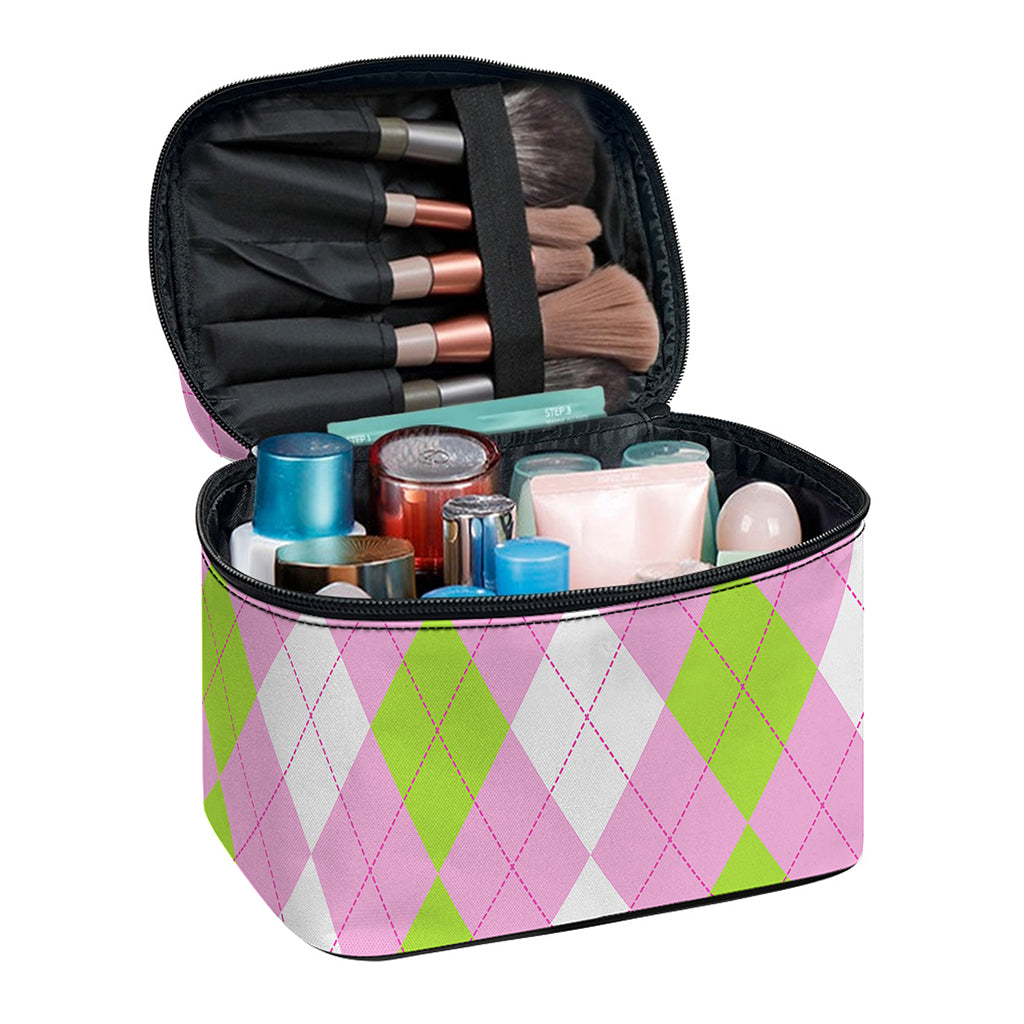 Green Pink And White Argyle Print Travel Makeup Bag