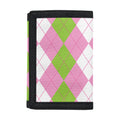 Green Pink And White Argyle Print Trifold Wallet