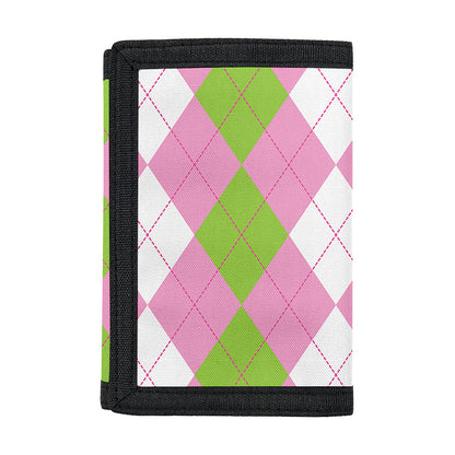 Green Pink And White Argyle Print Trifold Wallet