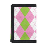 Green Pink And White Argyle Print Trifold Wallet