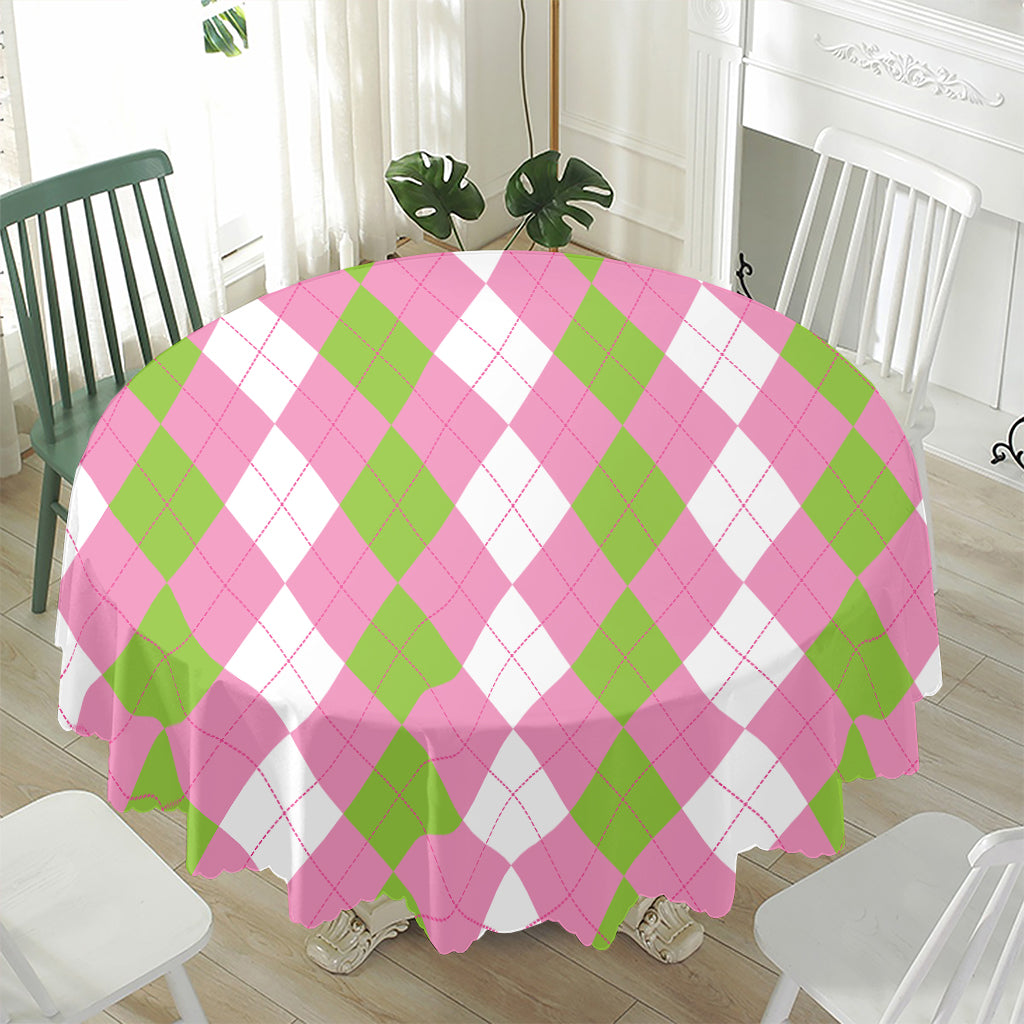 Green Pink And White Argyle Print Waterproof Round Tablecloth