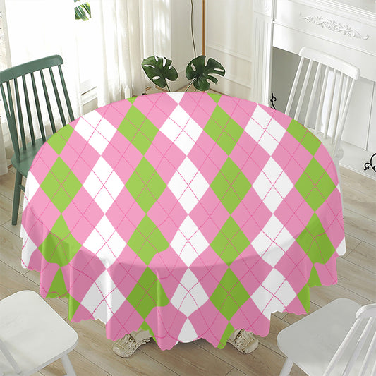 Green Pink And White Argyle Print Waterproof Round Tablecloth