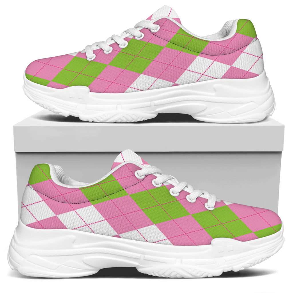 Green Pink And White Argyle Print White Chunky Shoes