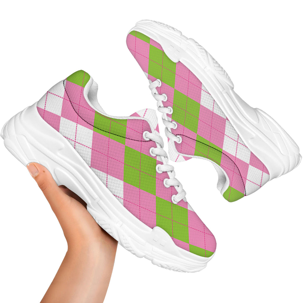 Green Pink And White Argyle Print White Chunky Shoes