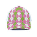 Green Pink And White Argyle Print White Mesh Trucker Hat