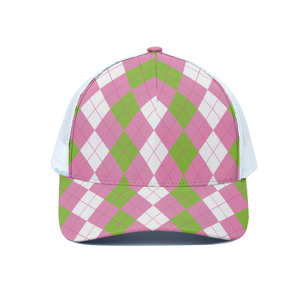 Green Pink And White Argyle Print White Mesh Trucker Cap