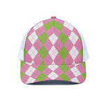 Green Pink And White Argyle Print White Mesh Trucker Cap