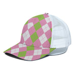Green Pink And White Argyle Print White Mesh Trucker Cap