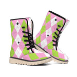Green Pink And White Argyle Print Winter Boots