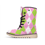 Green Pink And White Argyle Print Winter Boots
