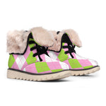 Green Pink And White Argyle Print Winter Boots