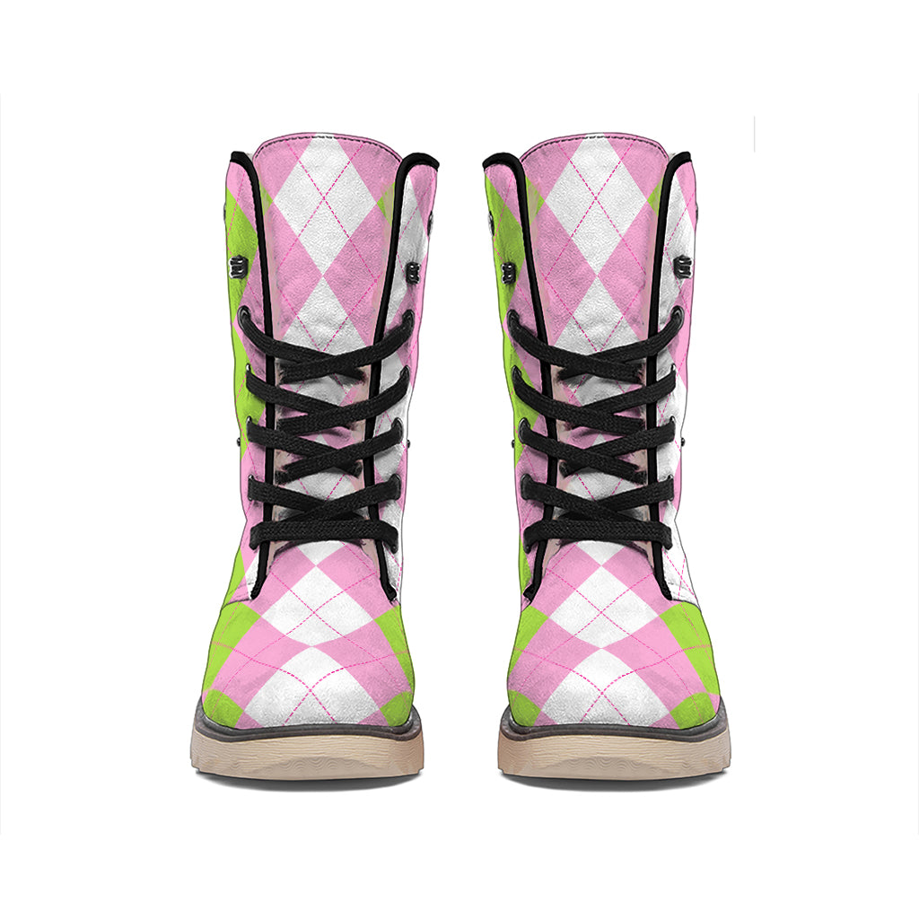 Green Pink And White Argyle Print Winter Boots