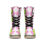 Green Pink And White Argyle Print Winter Boots