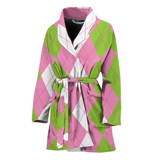Green Pink And White Argyle Print Women's Bathrobe