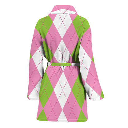 Green Pink And White Argyle Print Women's Bathrobe