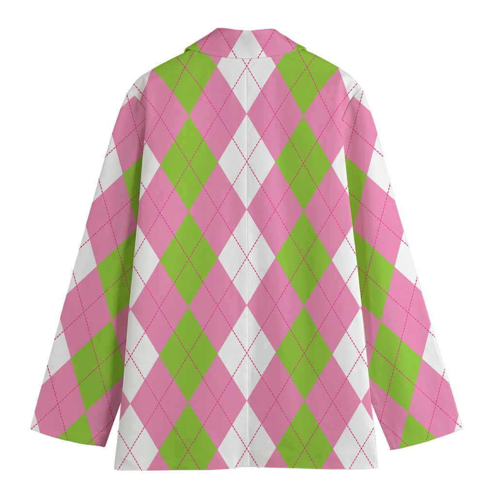 Green Pink And White Argyle Print Women's Blazer