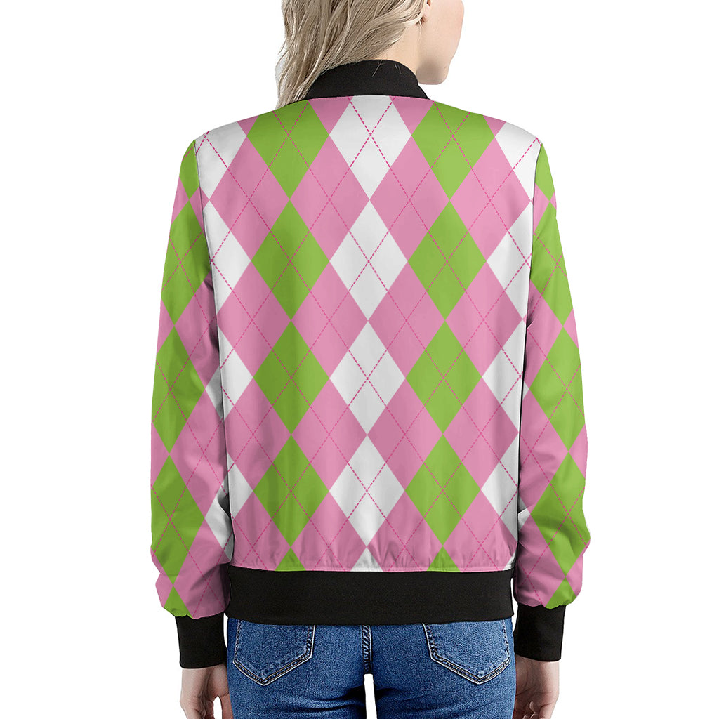 Green Pink And White Argyle Print Women's Bomber Jacket